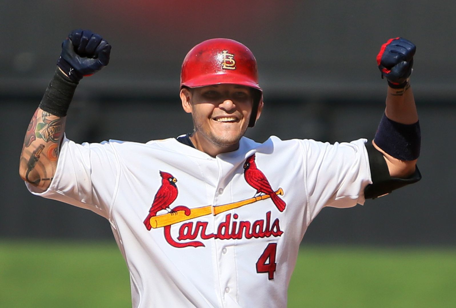 Molina reacts after driving in a run against the Cubs